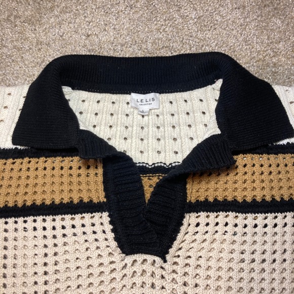 Le Lis Chunky Knit Collared Crop Sweater SeeThru Striped Women L‎ Cotton  Boho - Picture 1 of 12
